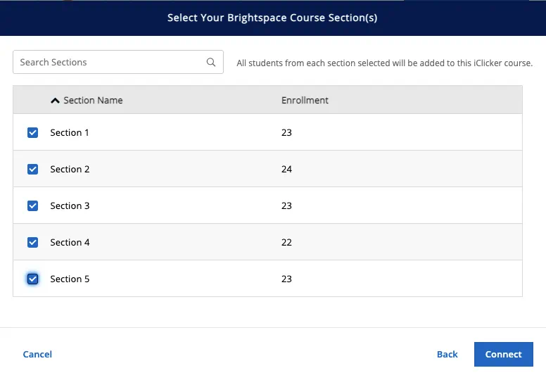 Select your Brightspace Course Sections screenshot with sections found in the D2L course listed