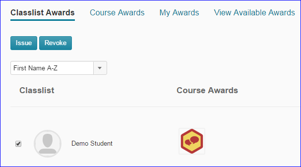 Classlist Awards link underlined, check by Demo Student and view of issued course awards