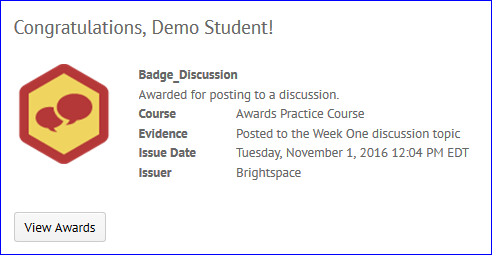 popup saying "Congratulations, Demo Student! including badge details