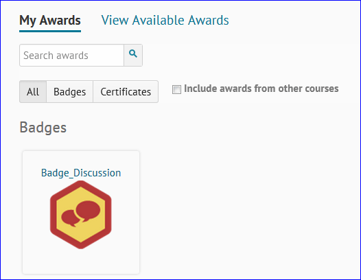 screenshot of My Awards view showing an octagonal badge with discussion bubbles