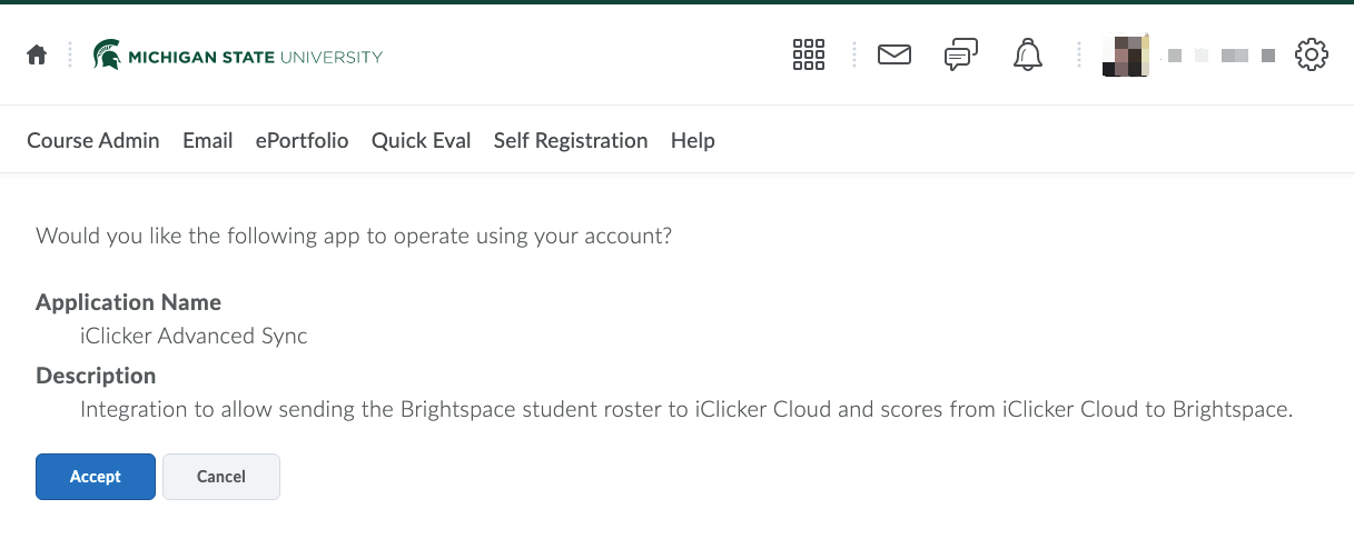 Message on D2L about allowing iClicker to have access for Roster and Grade Sync
