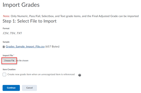Import Grades screen