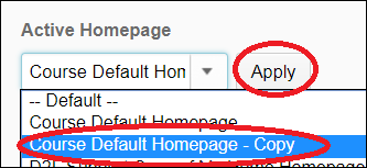 Course default homepage - copy selected with Apply button circled