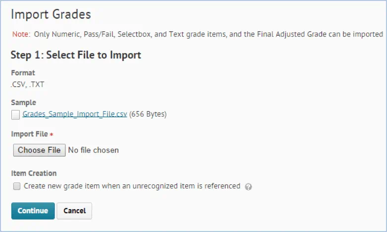 Image with the title of Import grades and step 1:select files to import